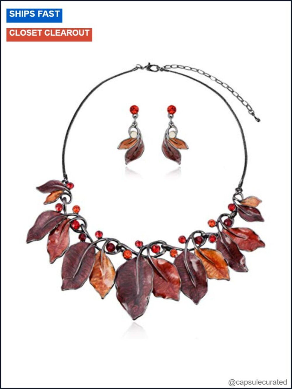 Vintage Statement Leaf Floral Necklace Earring Set - Crystal Rhinestone Fashion